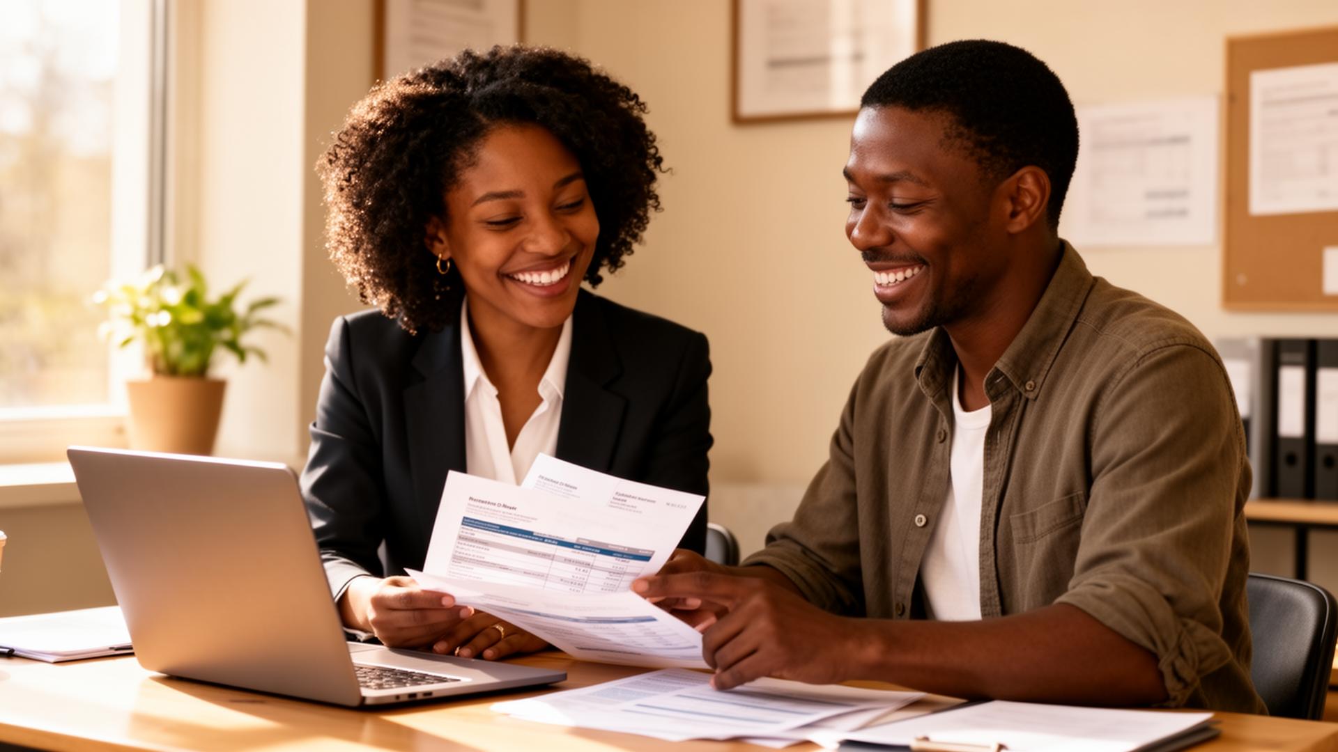 Tax preparer assisting a happy client with financial documents